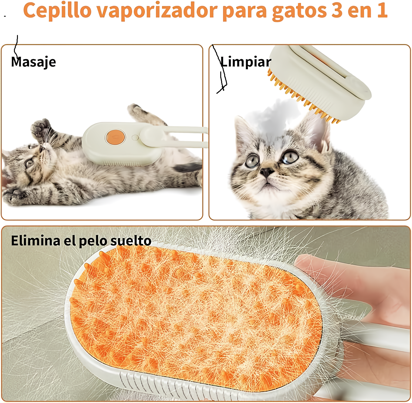 Cepillo de vapor 3 en 1 para gatos